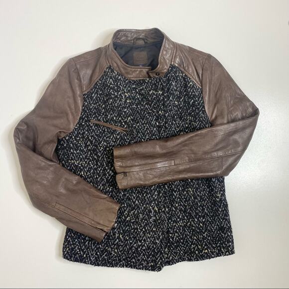 Gap Brown Leather Boucle Tweed Moto Jacket M - Picture 2 of 12